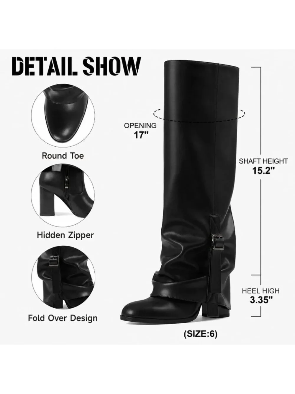 Women's Black Pu Round Toe Chunky Heel Faux Leather Slouch Knee High Boots
